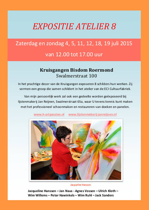 Aankondiging Expositie Atelier 8 Kruisgangen Roermond Juli 2015